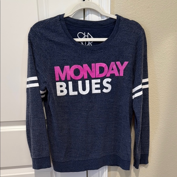Chaser Blue and Pink Crew Neck Sweater with Sporty Stripes - Picture 1 of 3